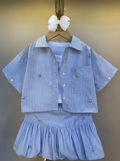 Conjunto Infantil  Saia Com Detalhes  Camisa Listrada Blusa Branca - Gabriela Aquarela