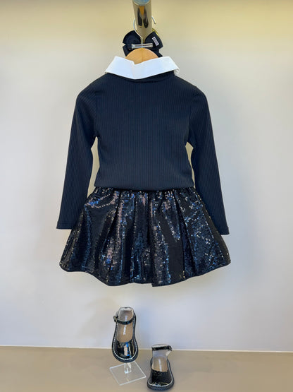 Conjunto Infantil Blusa MalhaTricot  e Saia Paetê - Um Mais Um