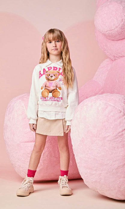 Conjunto Infantil Blusa Moletom Urso Óculos e Shorts Sarja com Botões - Momi