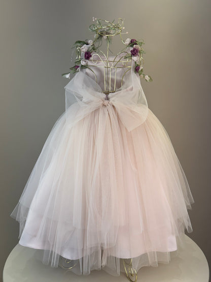 Vestido Infantil Festa Costas Trançadas e Flores Bordadas