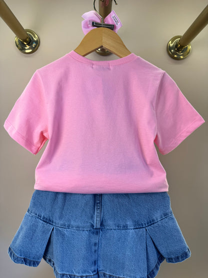 Conjunto Infantil Blusa Chaveiro Com Strass e Saia Jeans Pregas Com Pingente - Momi