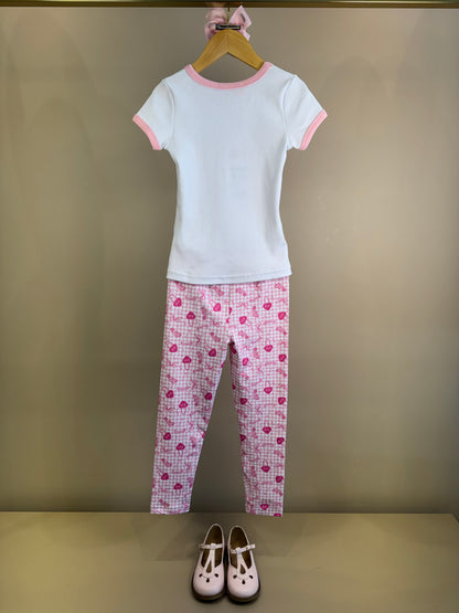 Conjunto Infantil Blusa Barbie Strass Branca e Calça Legging Barbie Rosa Xadrez - Pituchinhus