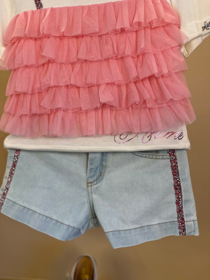 Conjunto Infantil Blusa Babados Tule Rosa e Shorts Jeans Strass Rosa - Animê