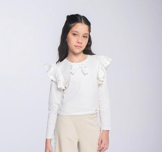 Blusa Infantil Manga Longa Com Laço Branca - Luluzinha