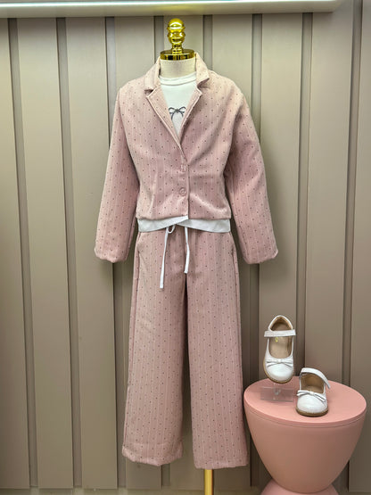 Conjunto Infantil Trio Blusa Lacinho, Casaqueto e Calça Alfaiataria Listrada Strass Rosé - Petit Cherie