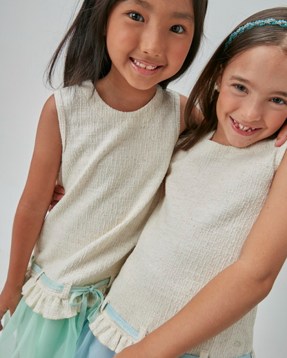 Vestido Infantil Jumper Tweed de Algodão Laço e Babado Azul - Beabá
