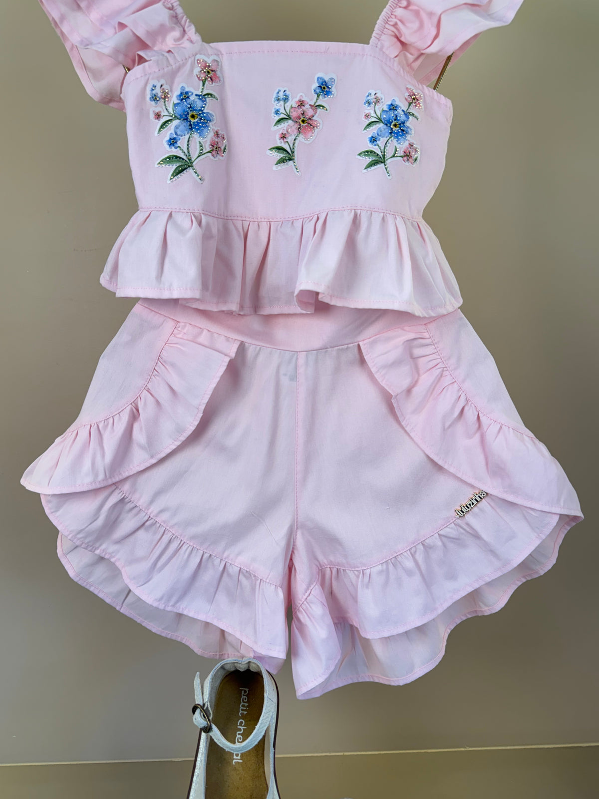 Conjunto Infantil Rosa Blusa Bordado Flores e Shorts Com Babadinho - Luluzinha