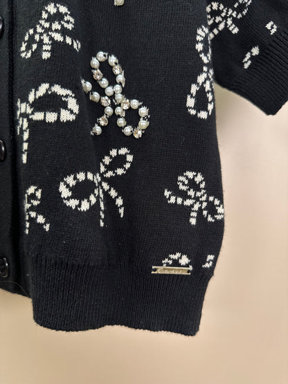 Casaco Infantil Tricot Lacinhos Bordados Pérolas e Cristais Preto - Pituchinhus