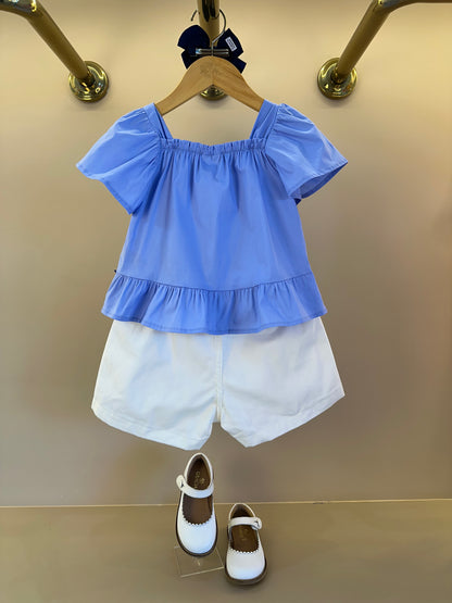 Conjunto Infantil Bata Ombro à Ombro Bordado Floral e Shorts Cós Elástico - Momi