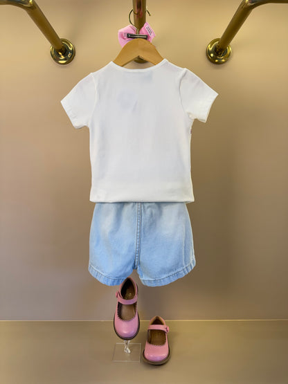 Conjunto Infantil Blusa Hello Kitty Bordado e Shorts Jeans Com Pingente - Momi