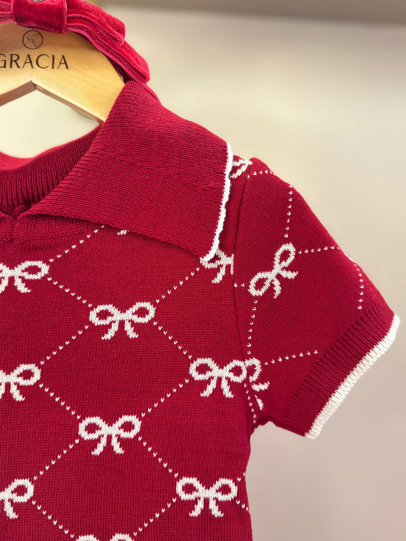 Blusa Infantil Tricot Gola Polo Mini Laços Vermelha- Pituchinhus