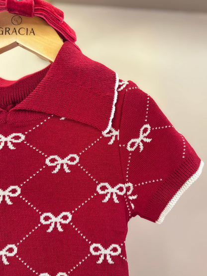 Blusa Infantil Tricot Gola Polo Mini Laços Vermelha- Pituchinhus