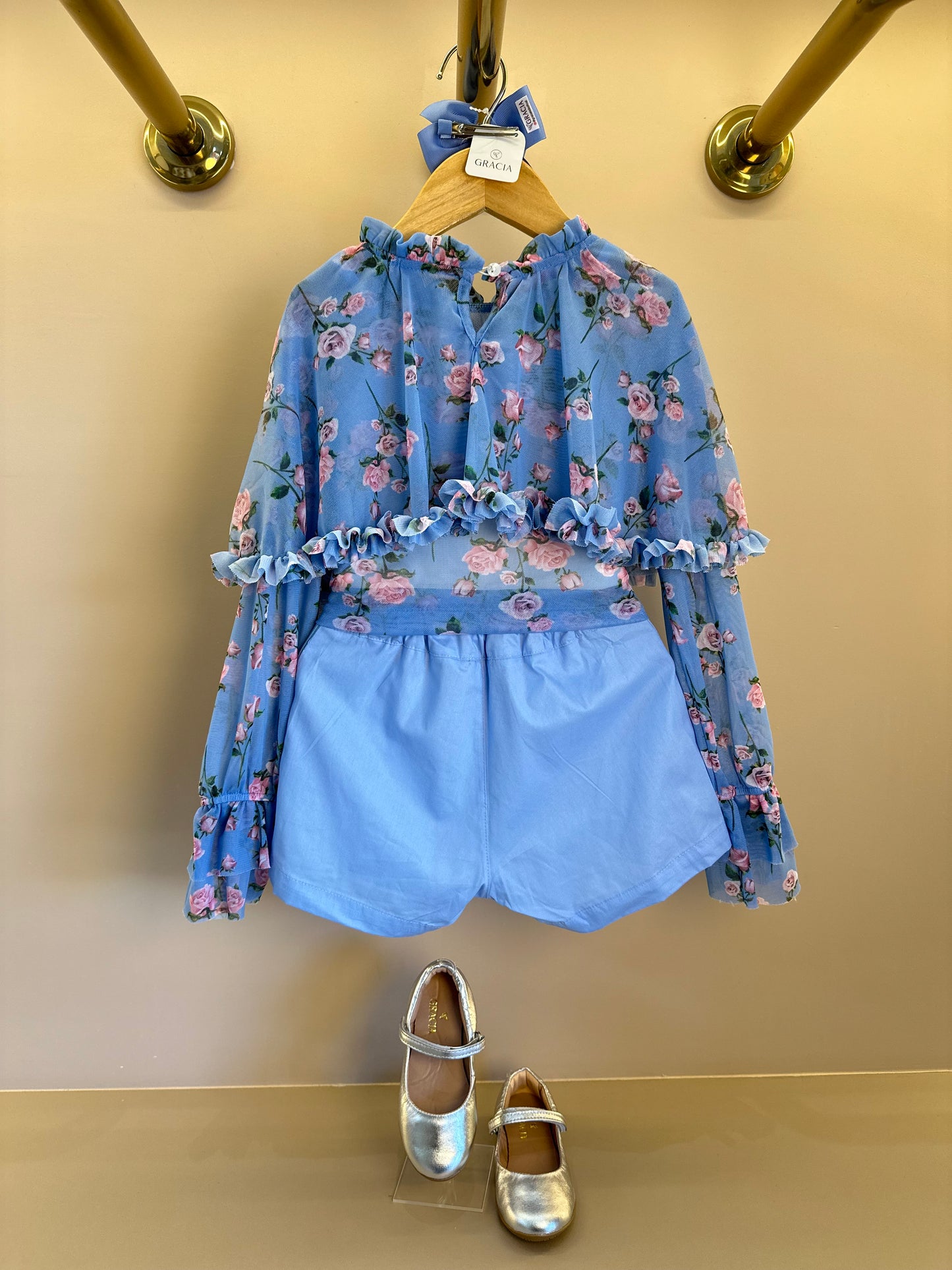 Conjunto Infantil Blusa Capa Floral Azul e Shorts Alfaiataria Azul - Luluzinha