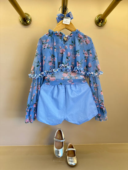 Conjunto Infantil Blusa Capa Floral Azul e Shorts Alfaiataria Azul - Luluzinha