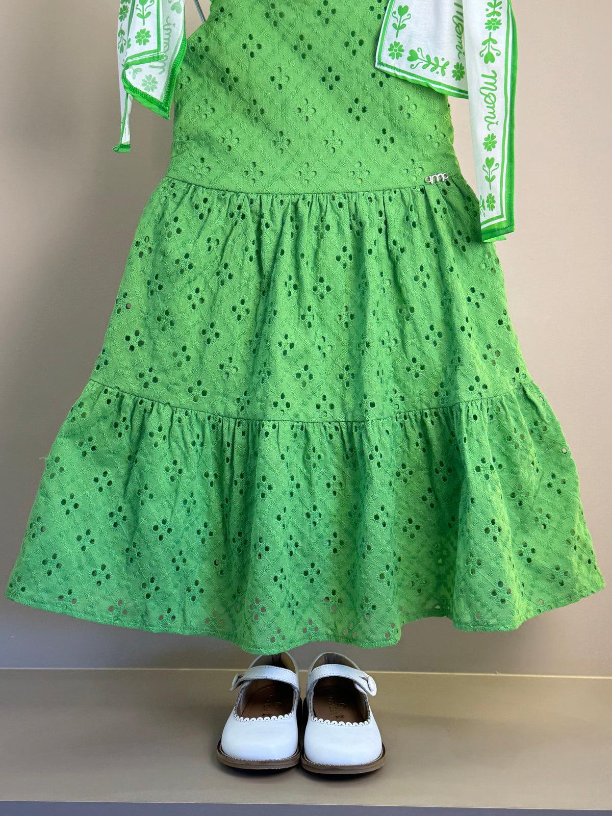 Vestido Infantil Laise Bordado Flores Verde - Momi