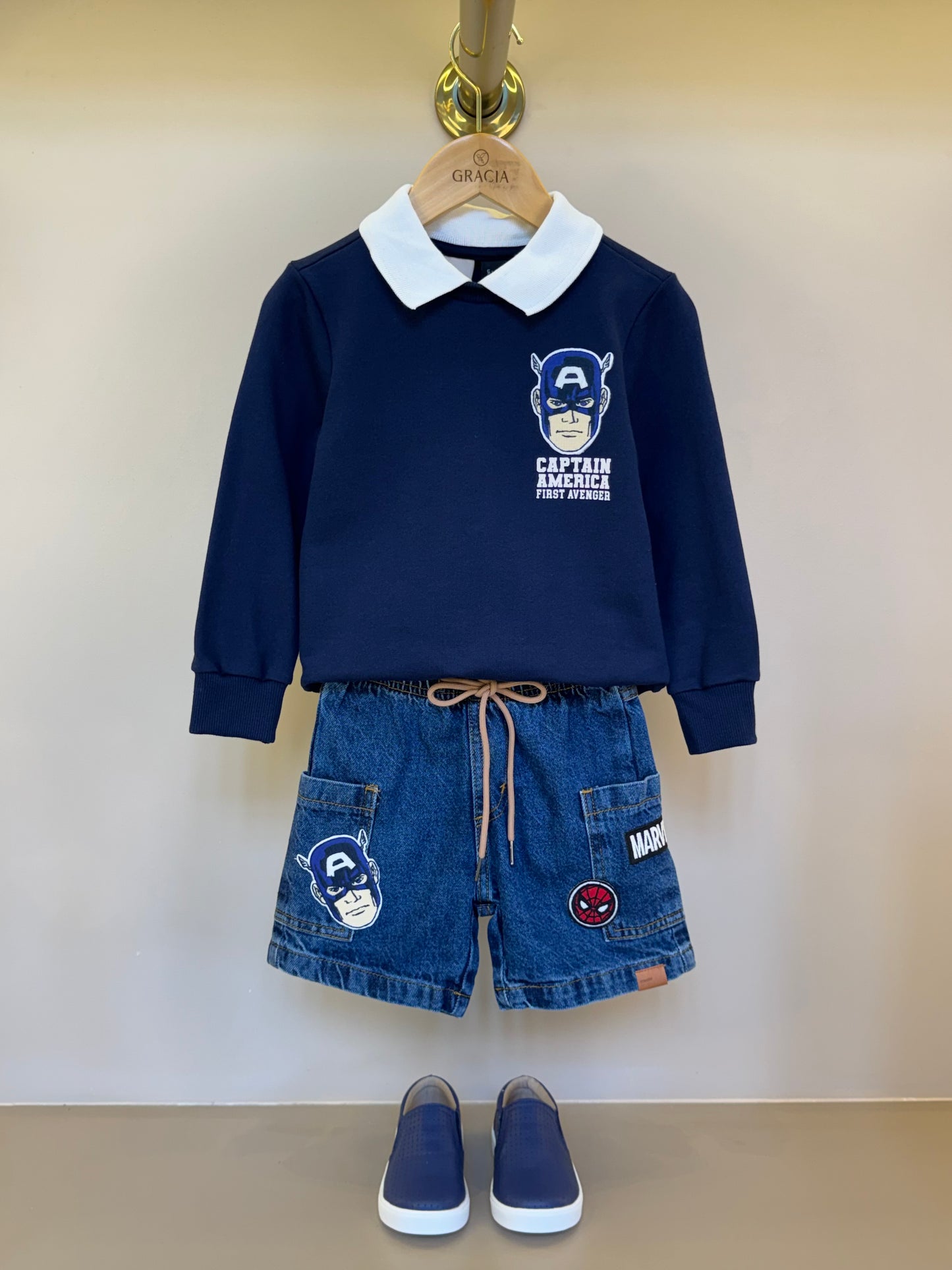 Conjunto Infantil Casaco Gola Polo e Bermuda Jeans Patchs Marvel - Youccie