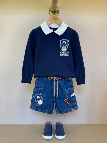 Conjunto Infantil Casaco Gola Polo e Bermuda Jeans Patchs Marvel - Youccie