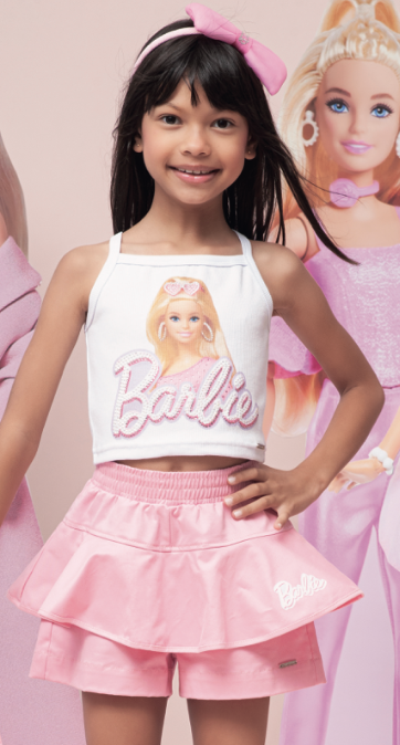 Conjunto Infantil Blusa Cropped Boneca Barbie Cristais e Shorts Sarja Babado Barbie Rosa - Pituchinhus