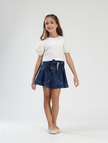 Conjunto Infantil Blusa Algodão e Saia Jeans Laços - Luluzinha