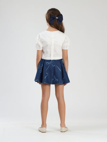 Conjunto Infantil Blusa Algodão e Saia Jeans Laços - Luluzinha