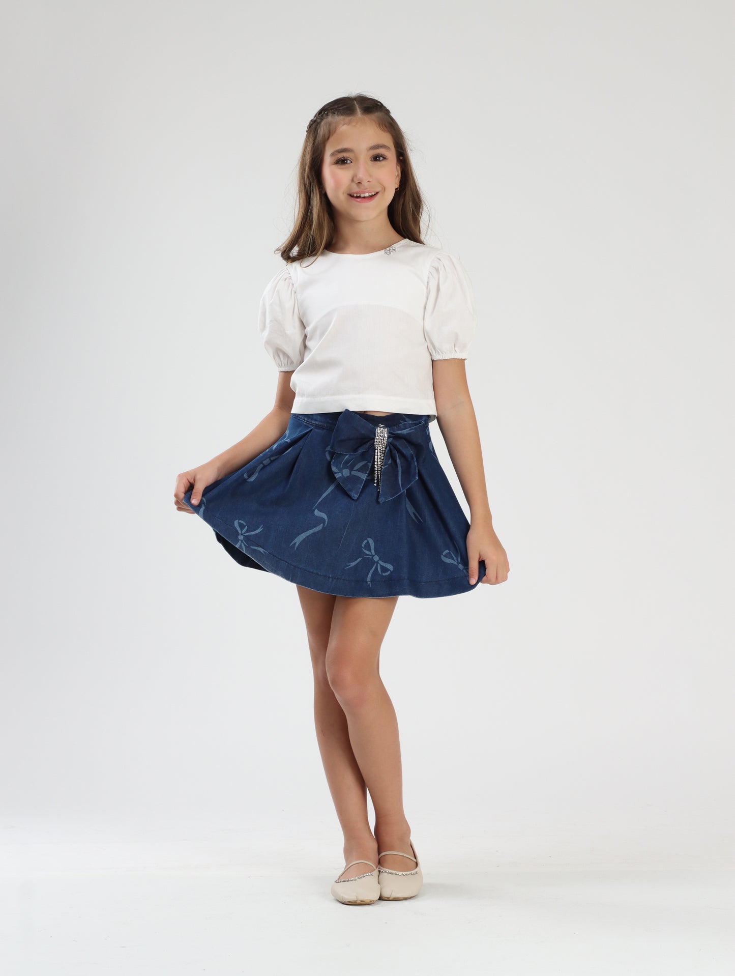 Conjunto Infantil Blusa Algodão e Saia Jeans Laços - Luluzinha