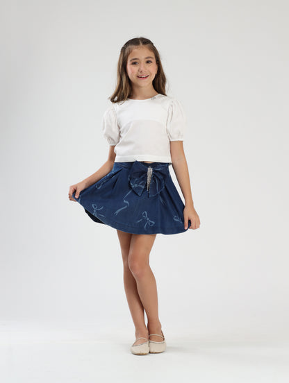 Conjunto Infantil Blusa Algodão e Saia Jeans Laços - Luluzinha