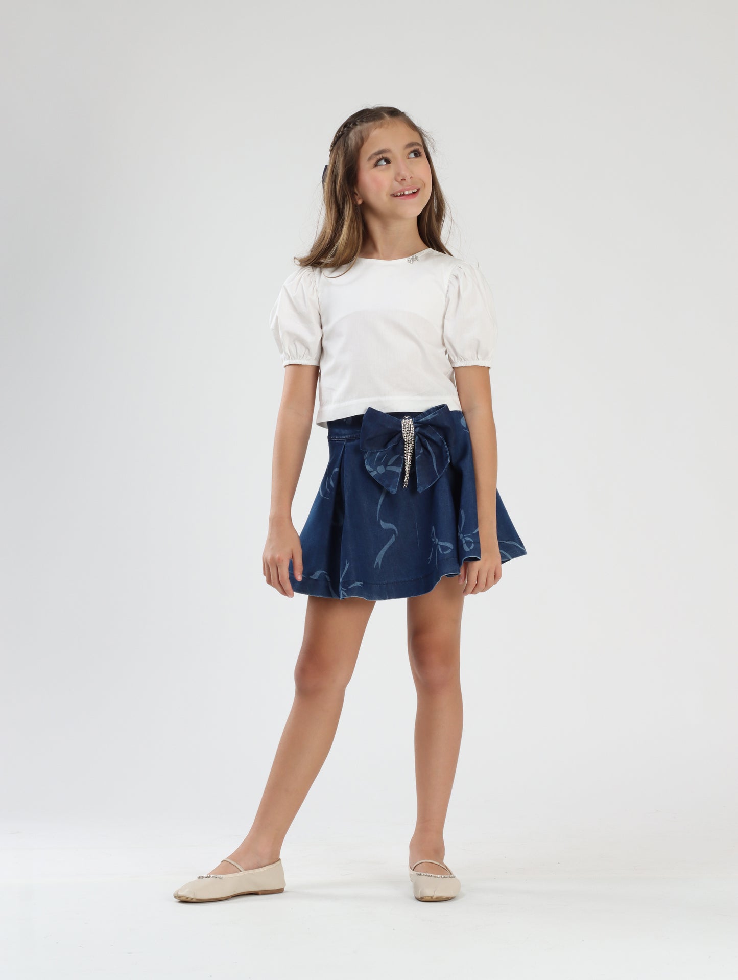 Conjunto Infantil Blusa Algodão e Saia Jeans Laços - Luluzinha