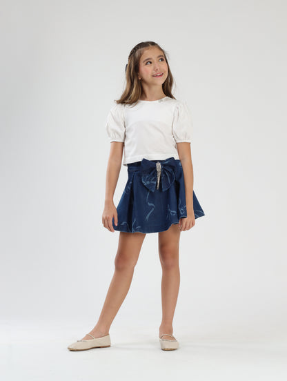 Conjunto Infantil Blusa Algodão e Saia Jeans Laços - Luluzinha
