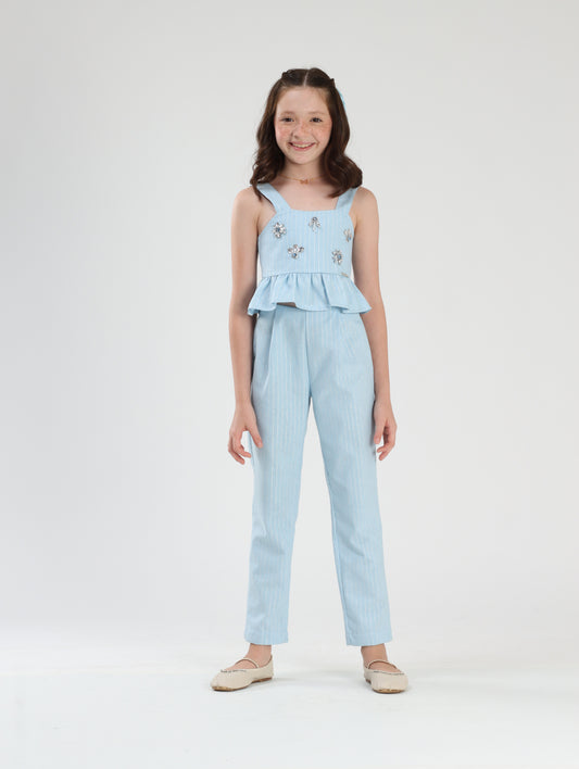 Conjunto Infantil Blusa Cropped e Calça Alfaiataria Bordado Azul - Luluzinha PRÉ-VENDA