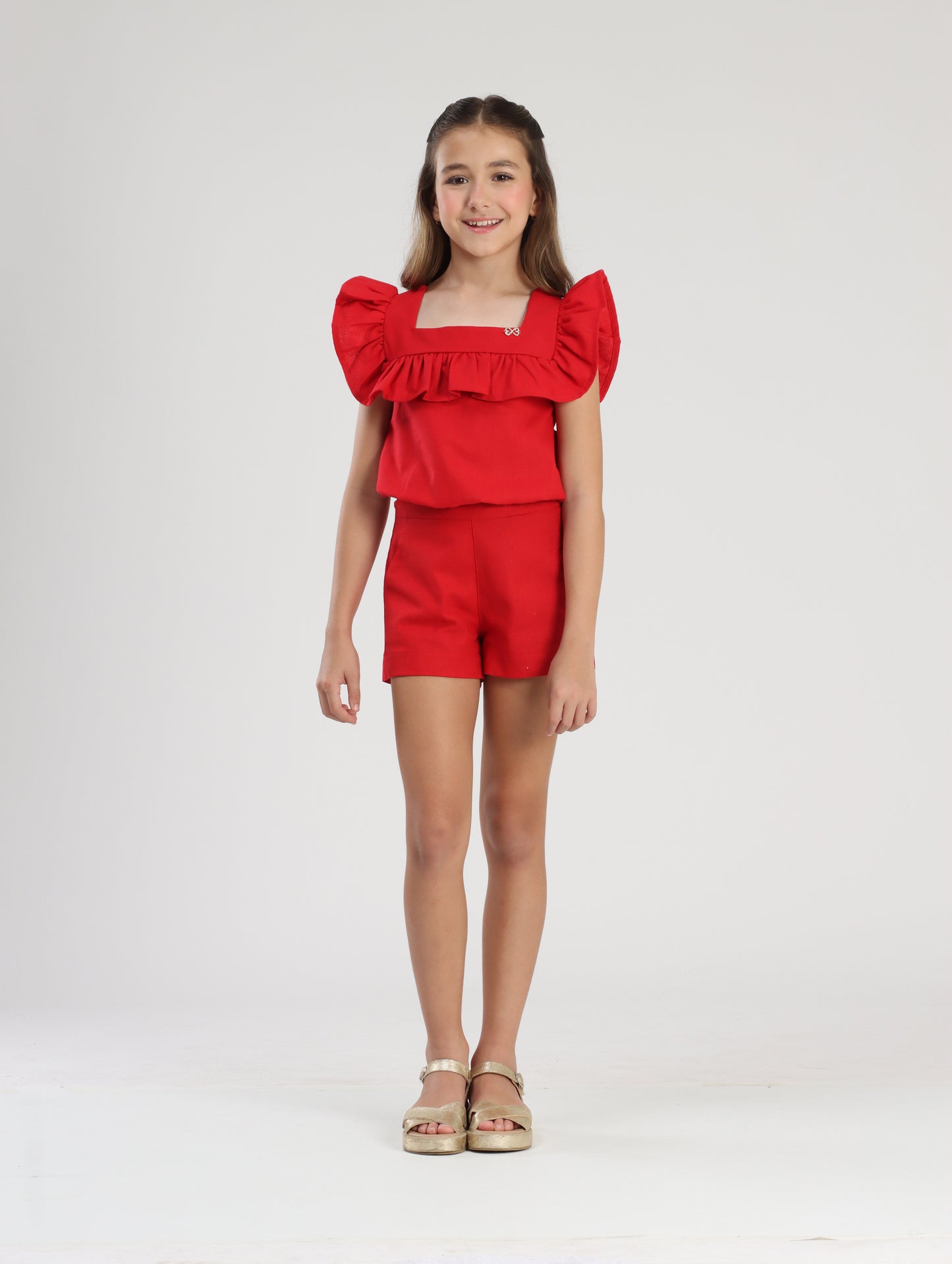 Conjunto Infantil Blusa e Shorts Linho Vermelho - Luluzinha