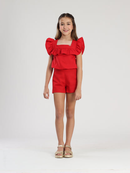 Conjunto Infantil Blusa e Shorts Linho Vermelho - Luluzinha