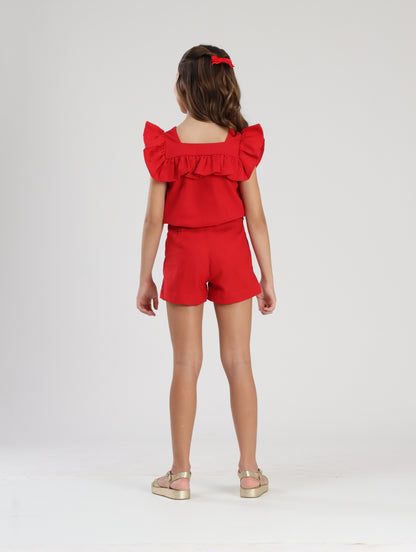 Conjunto Infantil Blusa e Shorts Linho Vermelho - Luluzinha
