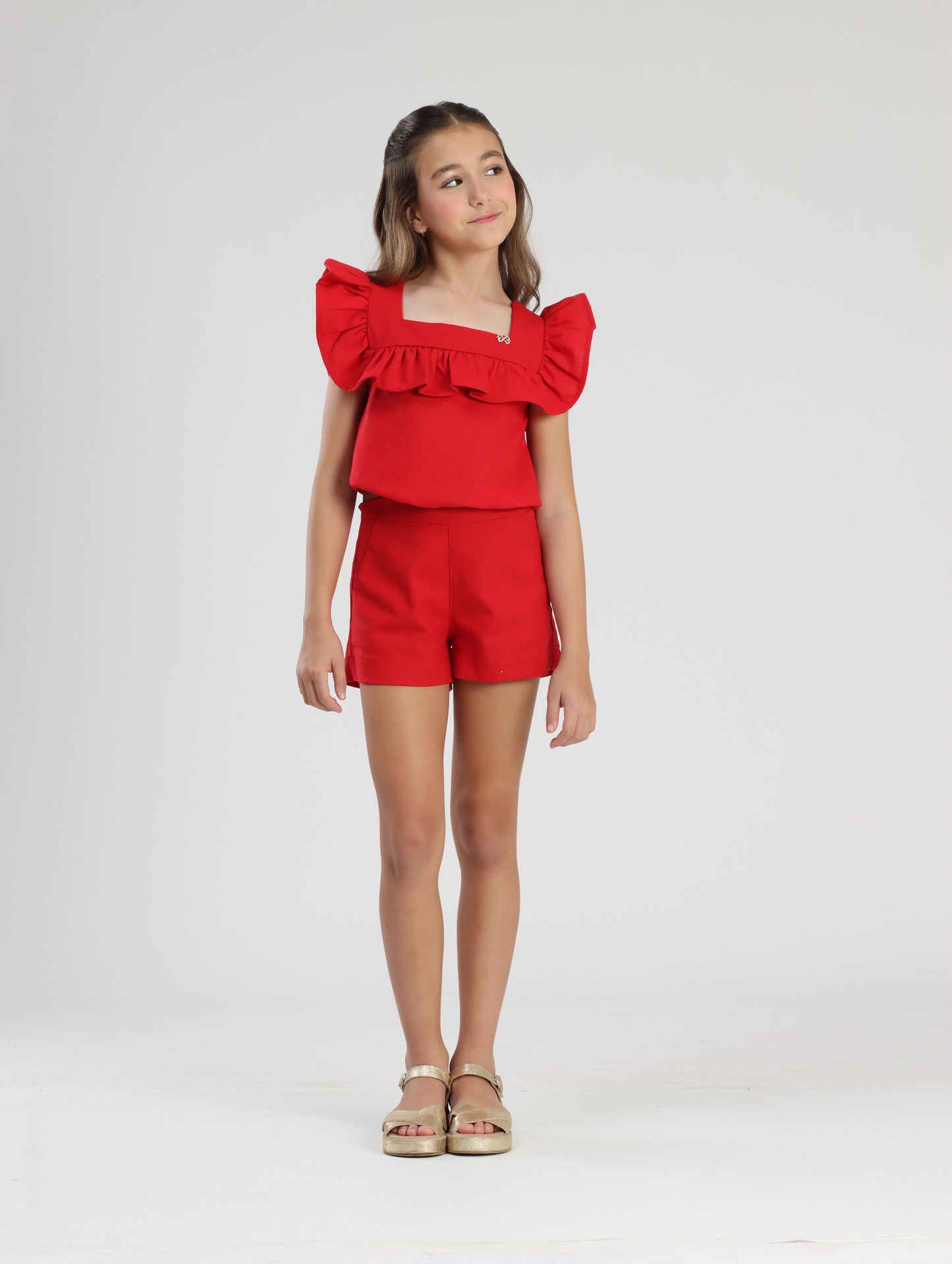 Conjunto Infantil Blusa e Shorts Linho Vermelho - Luluzinha