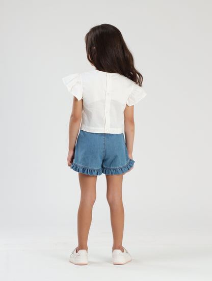 Conjunto Infantil Blusa de Algodão Bordado e Shorts Jeans - Luluzinha