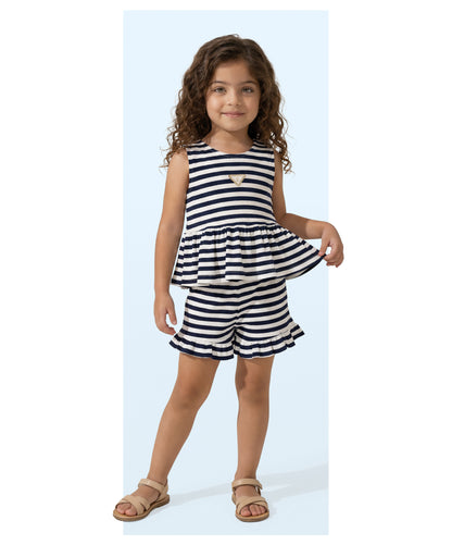 Conjunto Infantil Blusa Malha Listrada Com Amarração Nas Costas e Shorts Com Babadinho- Luluzinha