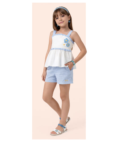 Conjunto Infantil Blusa Flor de Crochê e Shorts Alfaiataria Listrado - Luluzinha