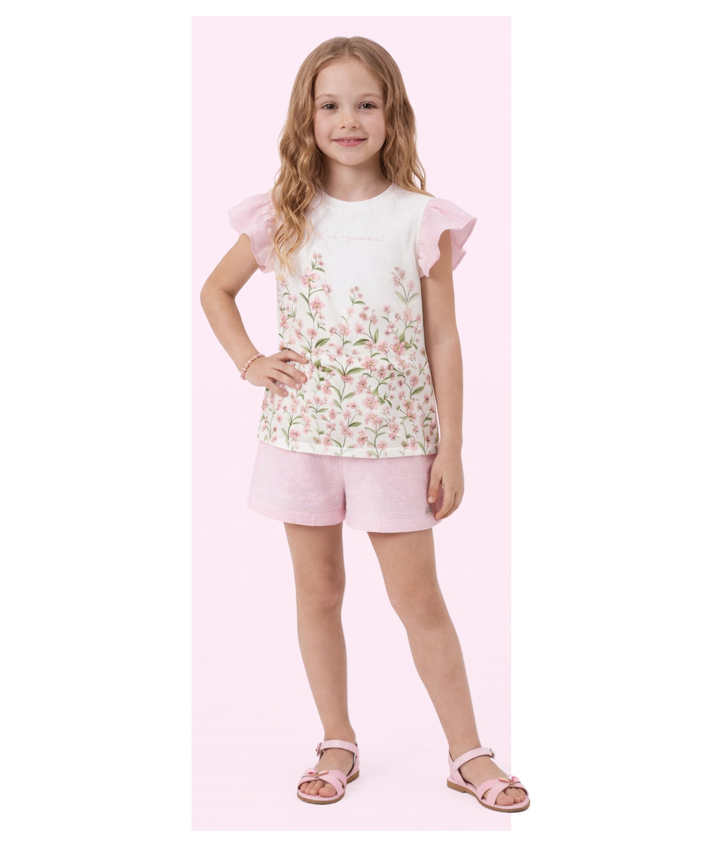 Conjunto Infantil Blusa Estampa Floral e Shorts Alfaiataria Listrado Rosa - Luluzinha