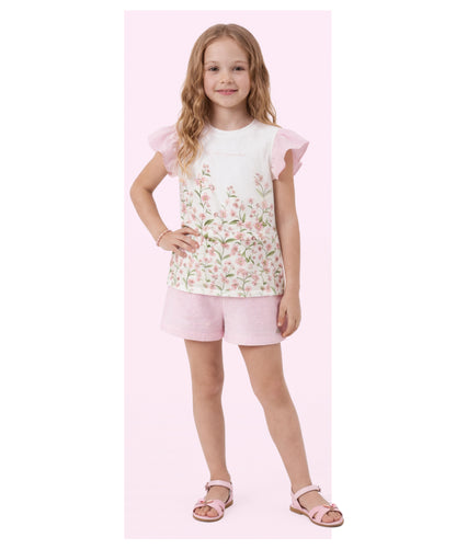 Conjunto Infantil Blusa Estampa Floral e Shorts Alfaiataria Listrado Rosa - Luluzinha