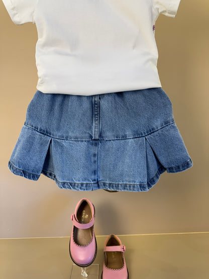 Conjunto Infantil Blusa Hello Kitty Bordado e Saia Jeans Pregas Com Pingente - Momi