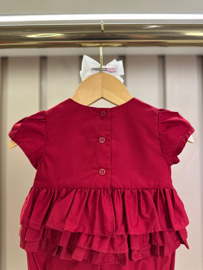 Romper Bebê Fofinho Tricoline Babados Vermelha - Um Mais Um