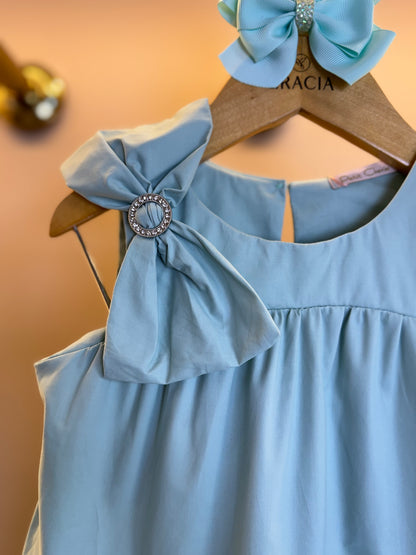 Vestido Infantil Algodão Camadas Laço Strass Ombro Verde - Petit Cherie