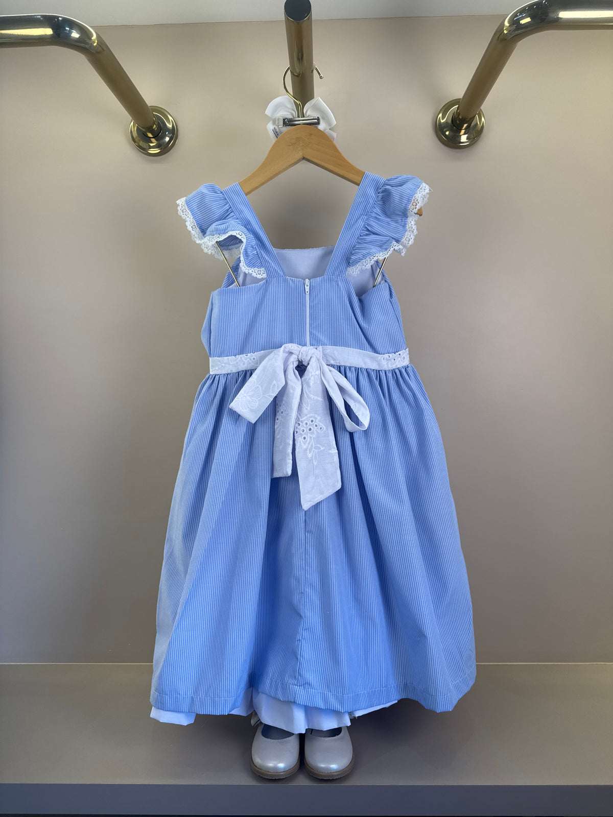 Vestido Infantil Tricoline Azul Listrado Laço Com Limões e Barra Em Tule - Gabriela Aquarela