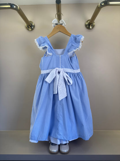 Vestido Infantil Tricoline Azul Listrado Laço Com Limões e Barra Em Tule - Gabriela Aquarela