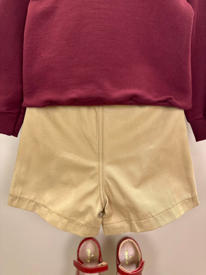 Conjunto Infantil Feminino Casaco Moletom Pooh Cranberry Juice com Saia Sarja de Pregas Bege Escuro Casual - Momi