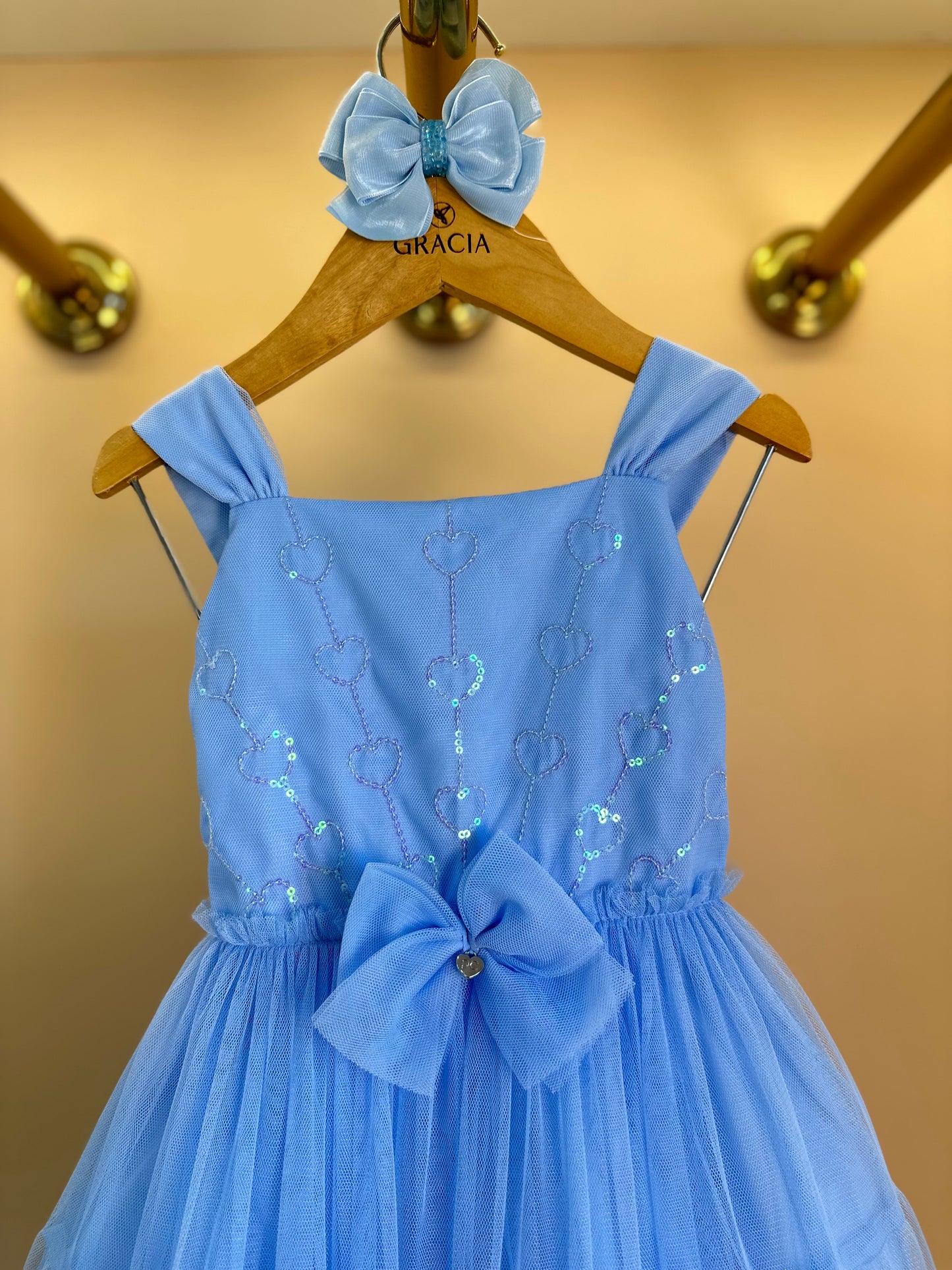 Vestido Infantil Tule Bordado Corações e Laço Frontal Azul Baby - Petit Cherie