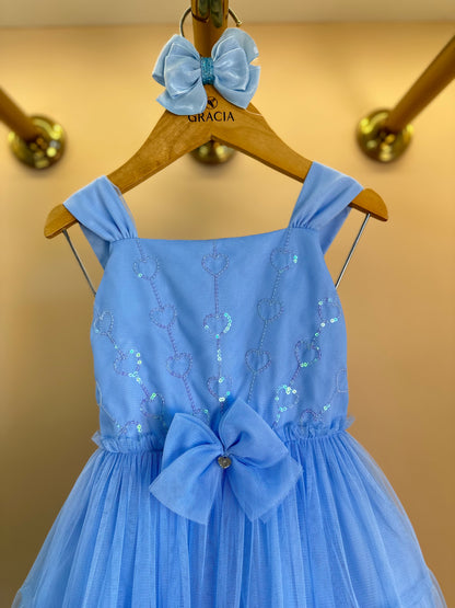 Vestido Infantil Tule Bordado Corações e Laço Frontal Azul Baby - Petit Cherie