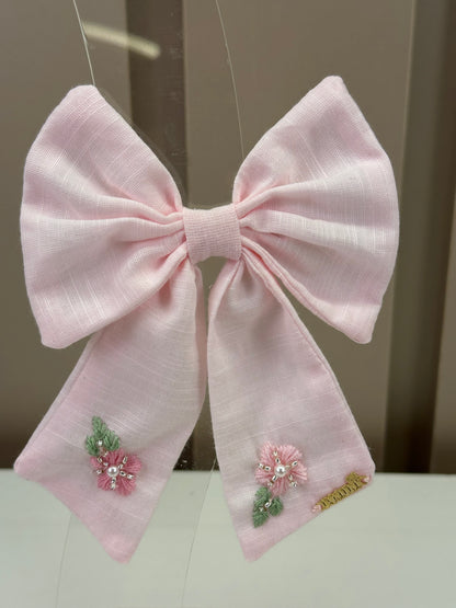 Laço Infantil Mariana Rosa Tecido Algodão Flores Bordadas - Roana