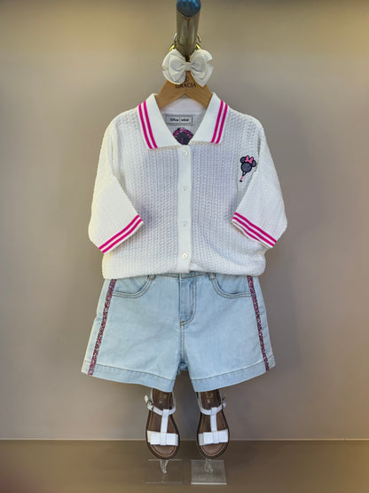 Conjunto Infantil Blusa Tricot Minnie Tennista e Shorts Jeans Strass Rosa - Animê