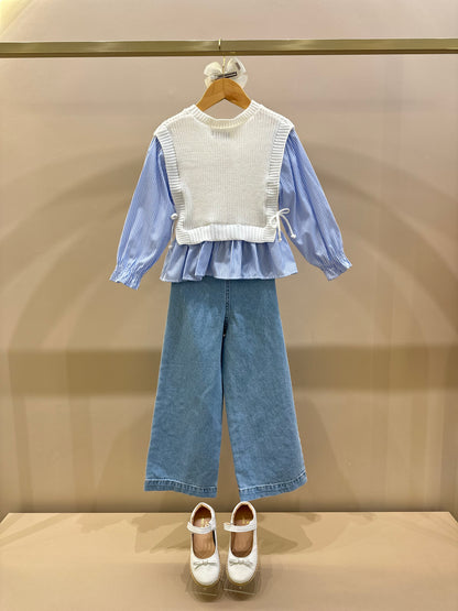Conjunto Infantil Colete Tricot Off White e Calça Jeans Bordada Flores - Momi