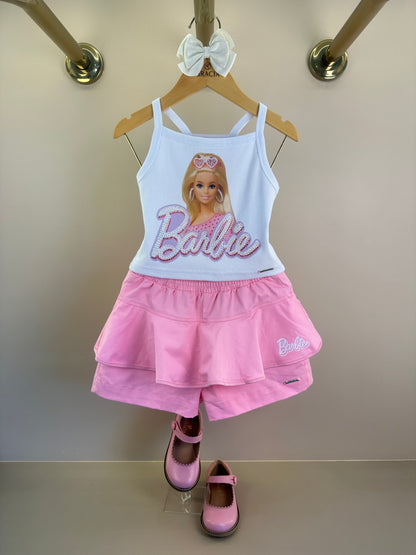 Conjunto Infantil Blusa Cropped Boneca Barbie Cristais e Shorts Sarja Babado Barbie Rosa - Pituchinhus